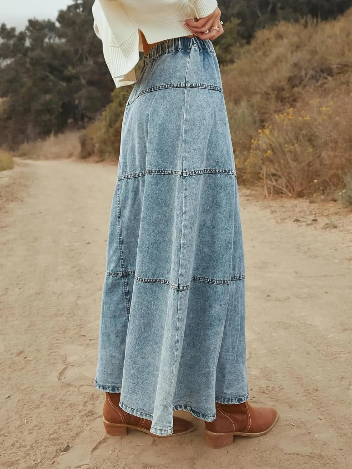 Women's Retro Elastic High Waist A-Line Denim Skirt Pleated Tiered Slim Maxi Jean Skirt