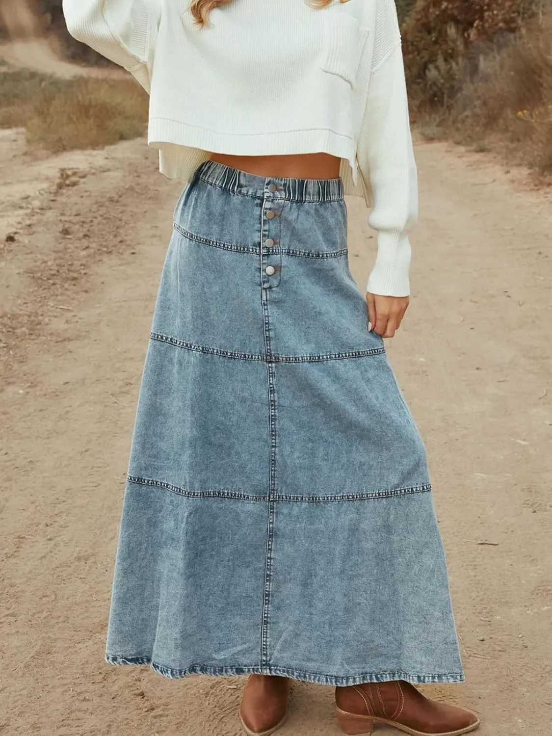Women's Retro Elastic High Waist A-Line Denim Skirt Pleated Tiered Slim Maxi Jean Skirt