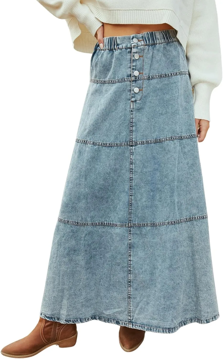 Women's Retro Elastic High Waist A-Line Denim Skirt Pleated Tiered Slim Maxi Jean Skirt