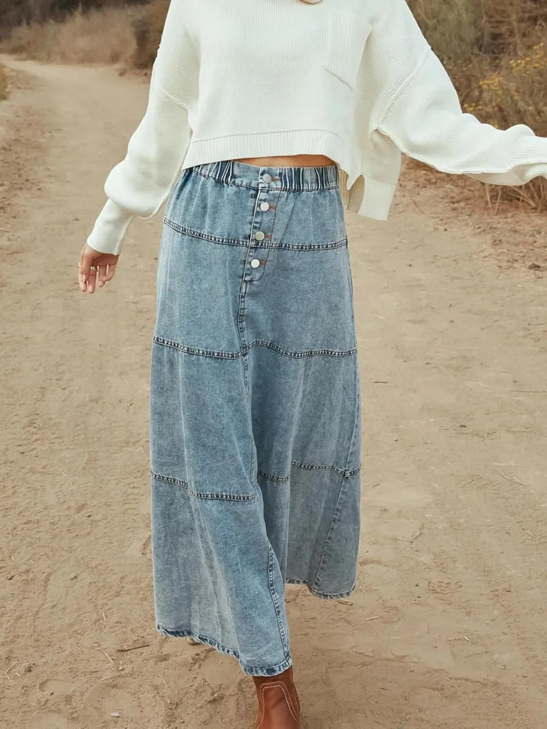 Women's Retro Elastic High Waist A-Line Denim Skirt Pleated Tiered Slim Maxi Jean Skirt