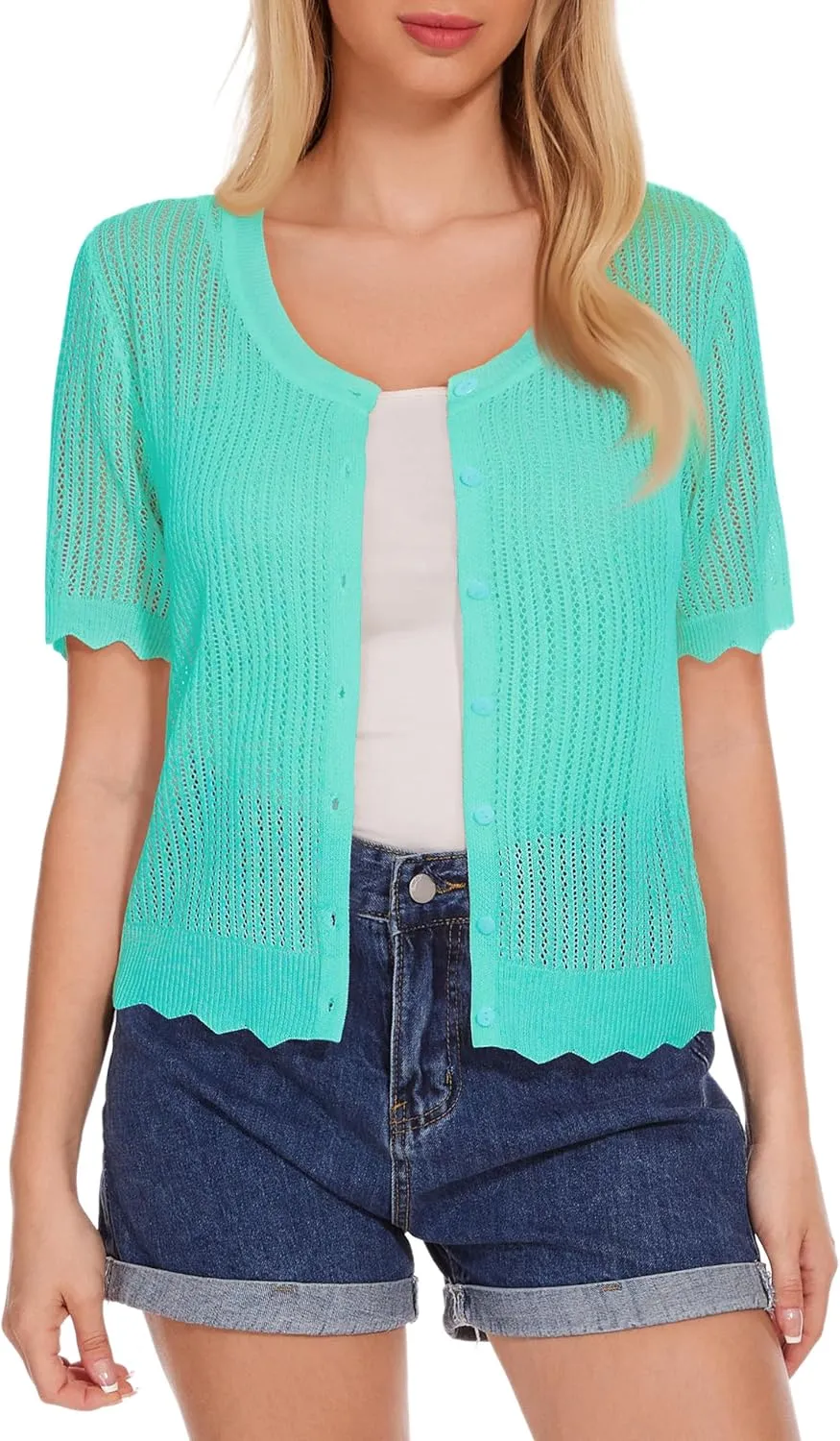 Women's Short Sleeve Summer Hollow Out Crew Neck Button Down Cardigan Sweater