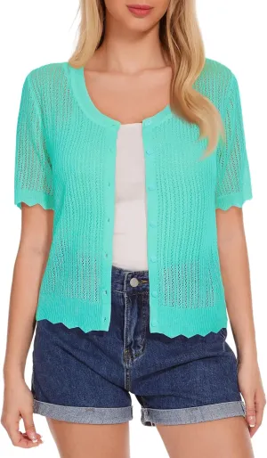 Women's Short Sleeve Summer Hollow Out Crew Neck Button Down Cardigan Sweater