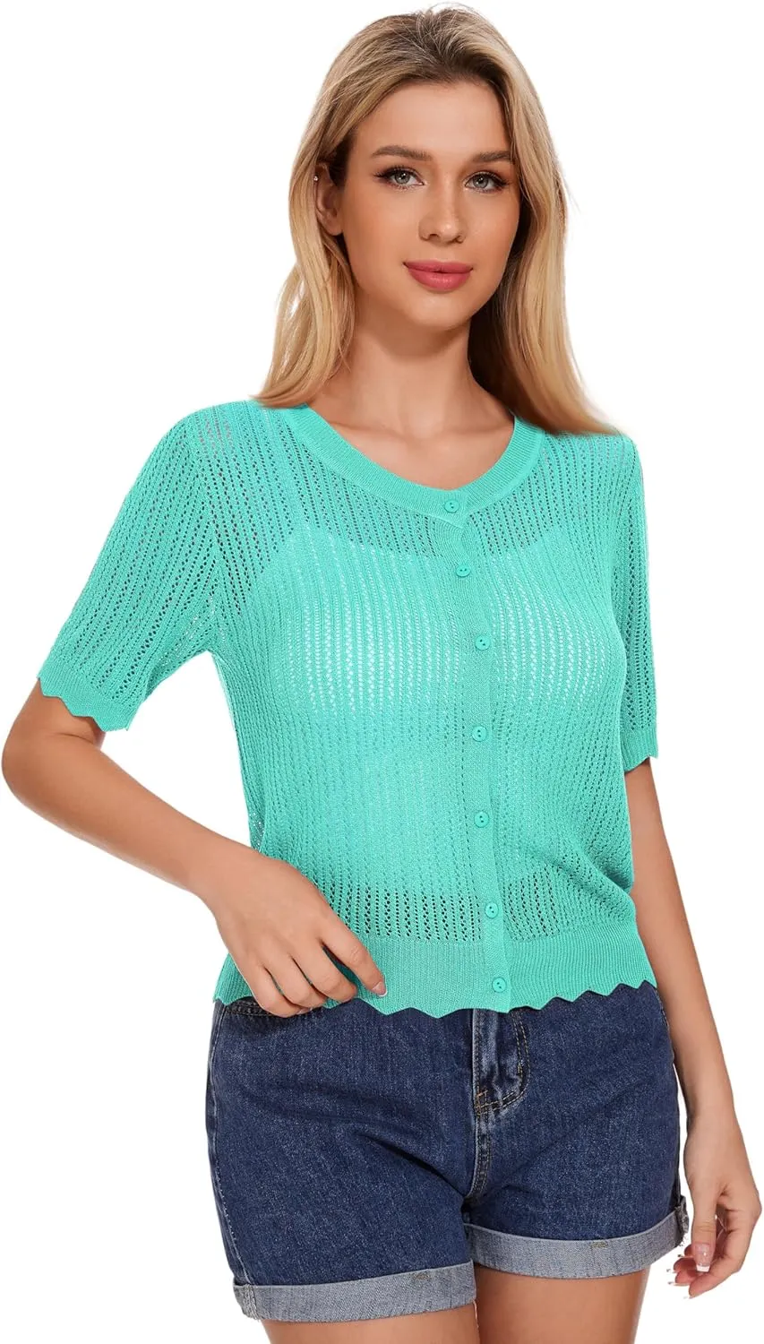Women's Short Sleeve Summer Hollow Out Crew Neck Button Down Cardigan Sweater