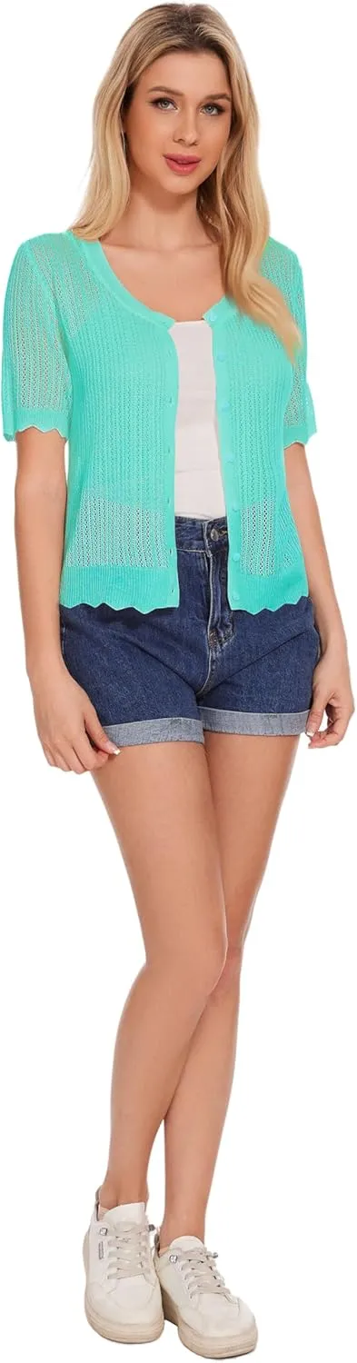 Women's Short Sleeve Summer Hollow Out Crew Neck Button Down Cardigan Sweater