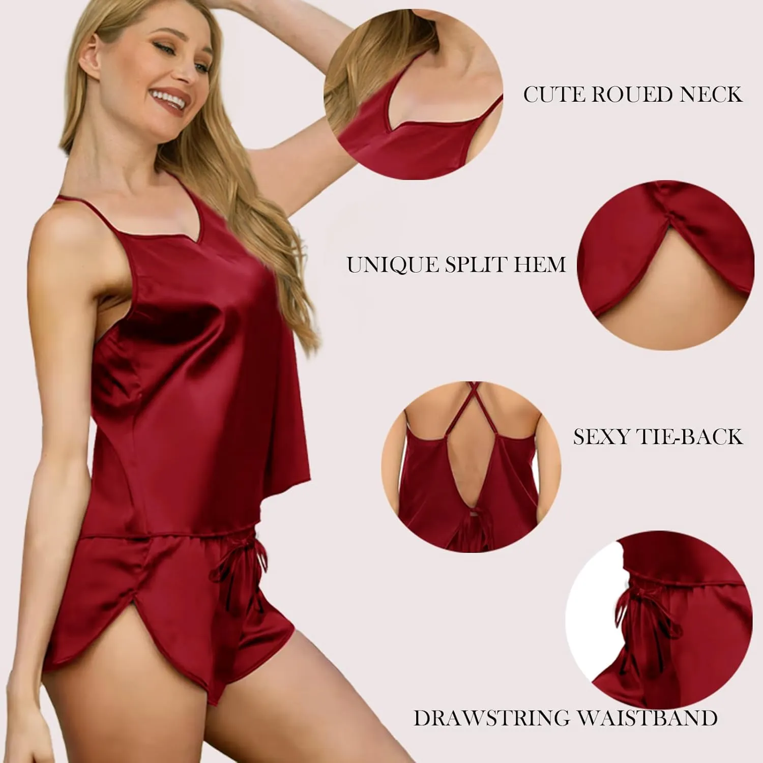 Womens Silk Pajamas Sets S-XXL 2Pcs Sexy Satin Pjs Lingerie Cami Shorts Set Camisole Sleepwear Nightwear