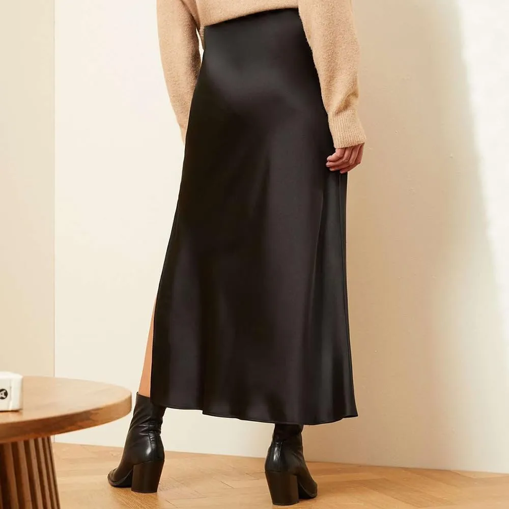 Women's Silk Slip Satin Midi Skirt Dressy Flowy Ruffle Elastic High Waisted Flared Cocktail Party Work A Line Skirts