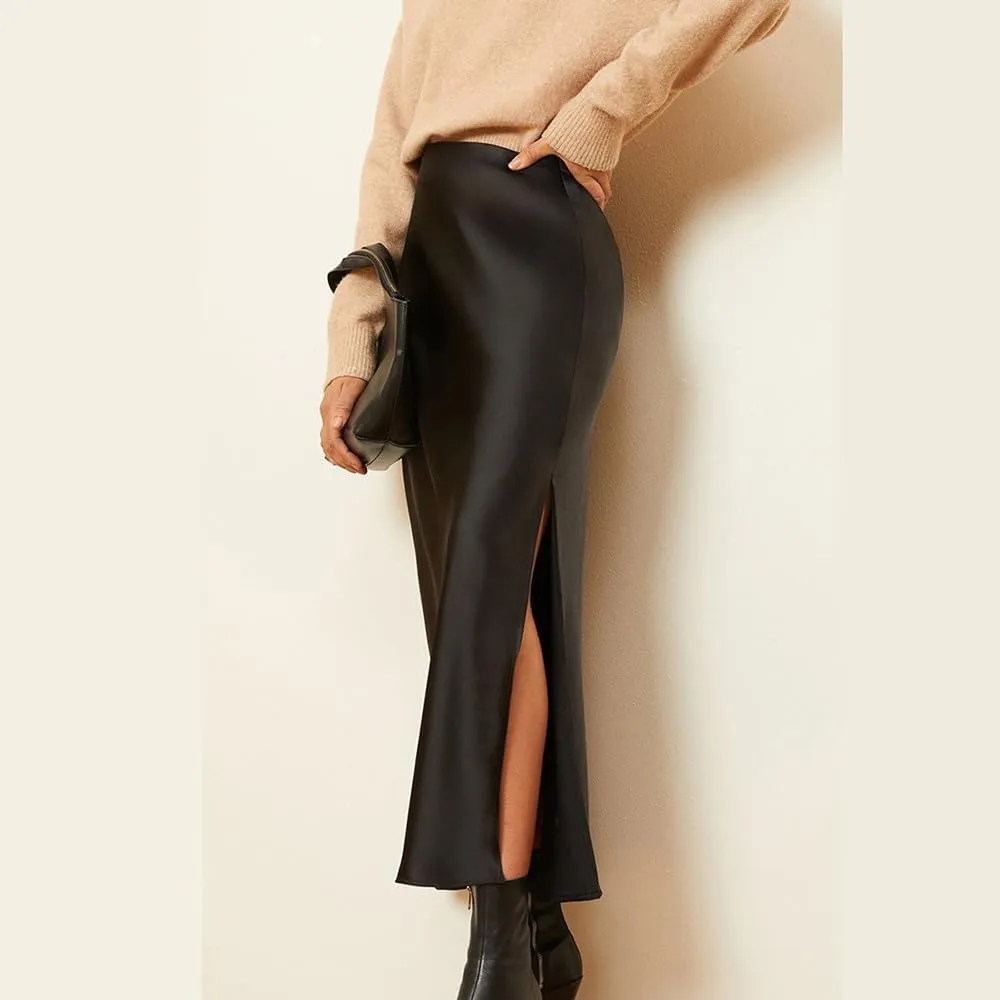Women's Silk Slip Satin Midi Skirt Dressy Flowy Ruffle Elastic High Waisted Flared Cocktail Party Work A Line Skirts