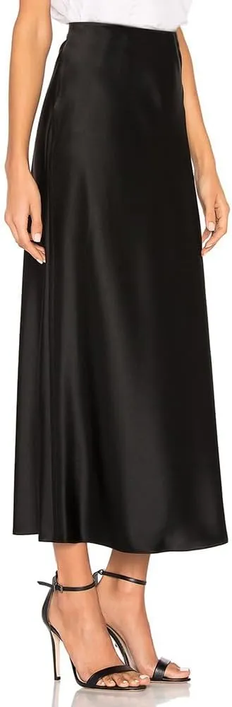 Women's Silk Slip Satin Midi Skirt Dressy Flowy Ruffle Elastic High Waisted Flared Cocktail Party Work A Line Skirts