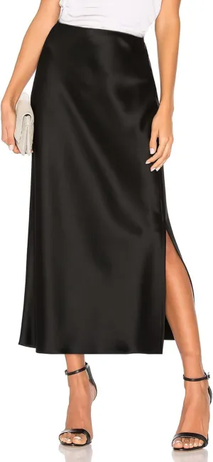 Women's Silk Slip Satin Midi Skirt Dressy Flowy Ruffle Elastic High Waisted Flared Cocktail Party Work A Line Skirts
