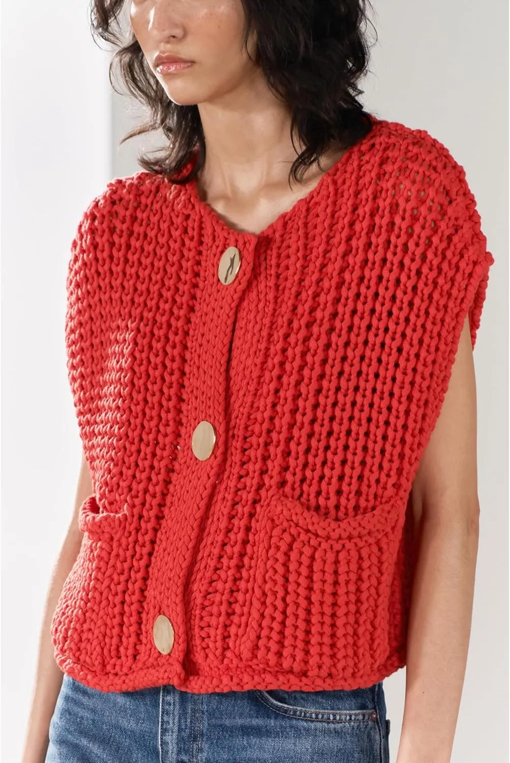 Women's Sleeveless Knit Cardigan Casual Button Down Cropped Knitted Sweater Vest with Pockets