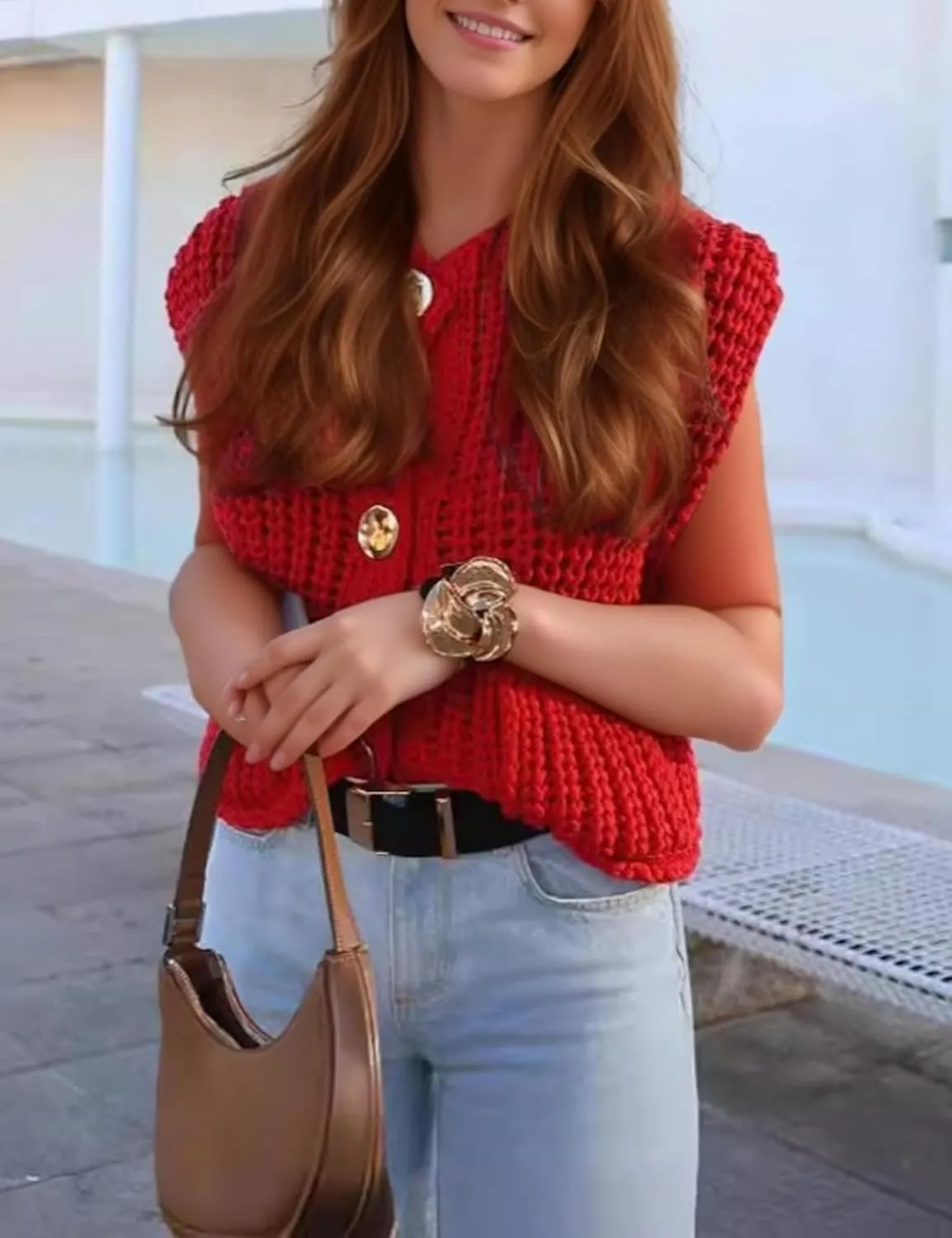 Women's Sleeveless Knit Cardigan Casual Button Down Cropped Knitted Sweater Vest with Pockets