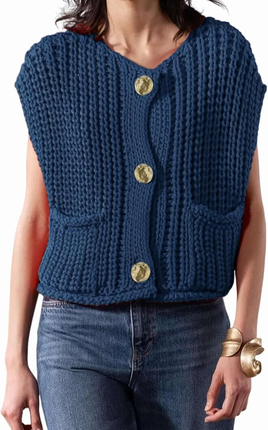 Women's Sleeveless Knit Cardigan Casual Button Down Cropped Knitted Sweater Vest with Pockets