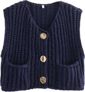 Women's Sleeveless Knit Cardigan Casual Button Down Cropped Knitted Sweater Vest with Pockets