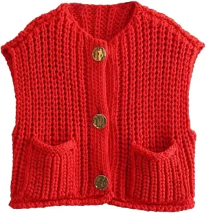 Women's Sleeveless Knit Cardigan Casual Button Down Cropped Knitted Sweater Vest with Pockets