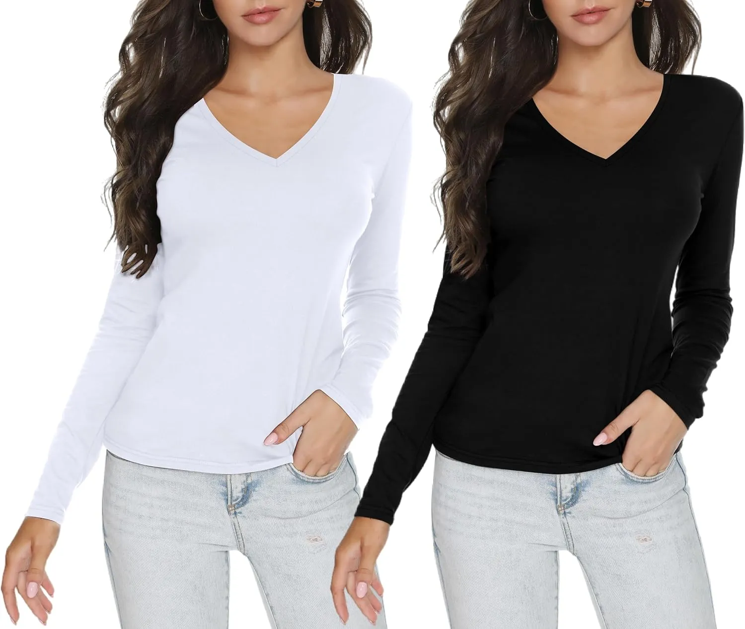 Women's Slim Fitted V Neck/Crewneck Long Sleeve T Shirt Basic Soft Cotton Tops