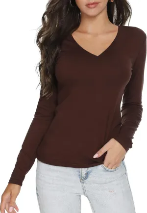 Women's Slim Fitted V Neck/Crewneck Long Sleeve T Shirt Basic Soft Cotton Tops
