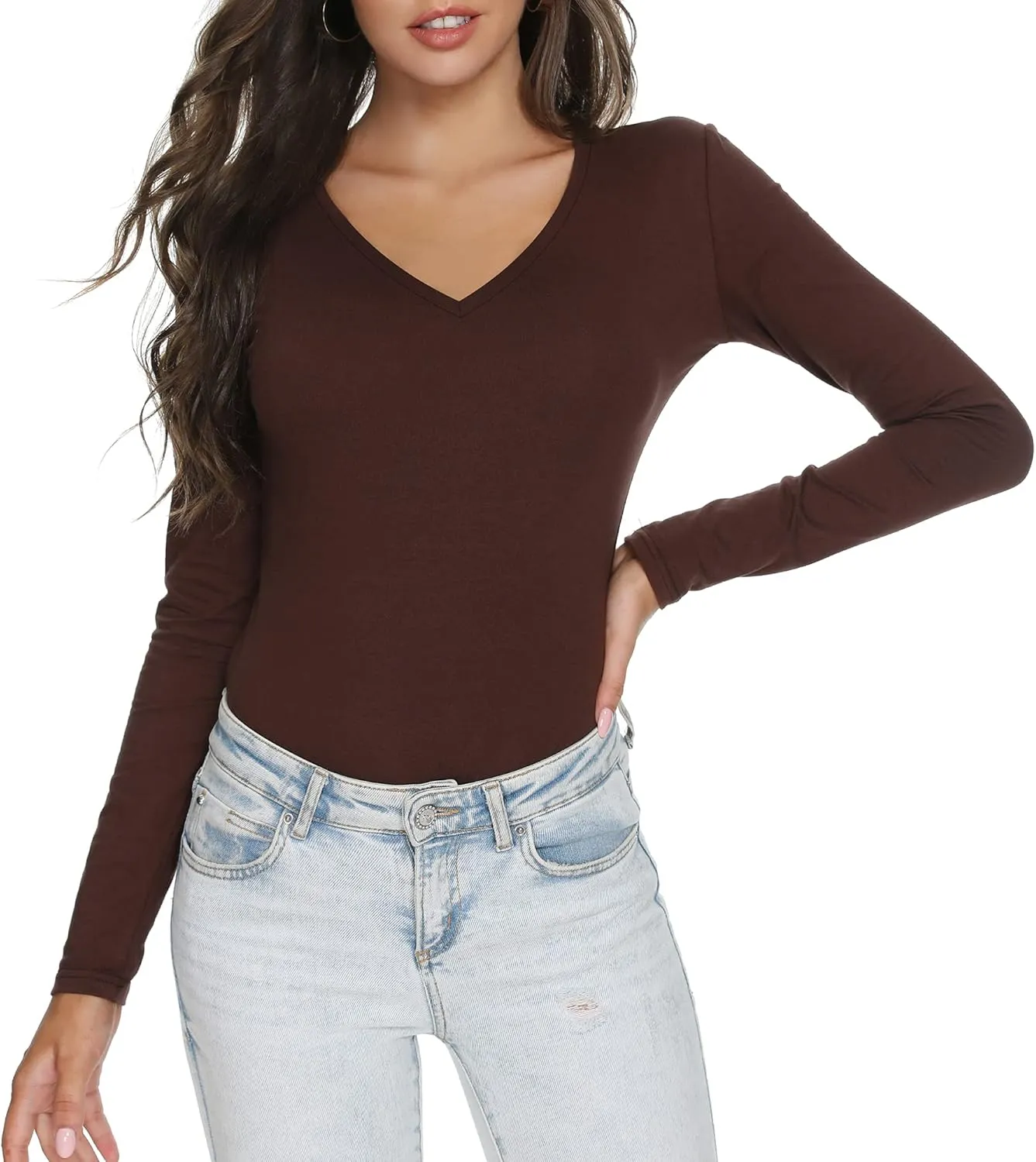 Women's Slim Fitted V Neck/Crewneck Long Sleeve T Shirt Basic Soft Cotton Tops