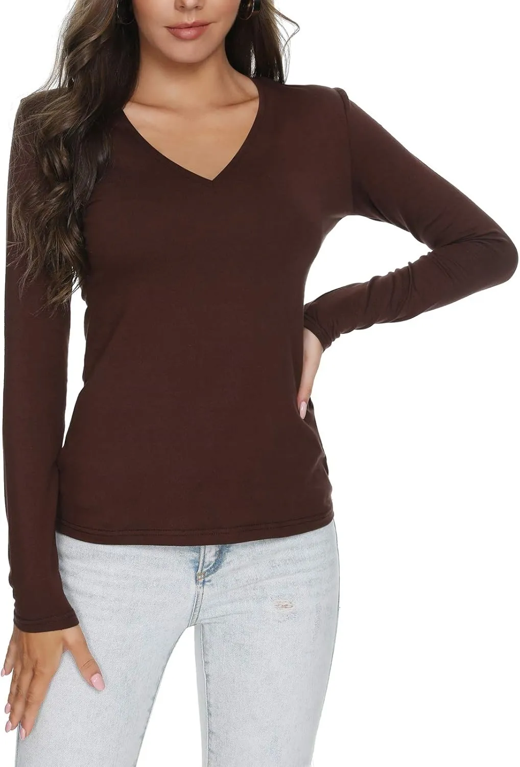 Women's Slim Fitted V Neck/Crewneck Long Sleeve T Shirt Basic Soft Cotton Tops