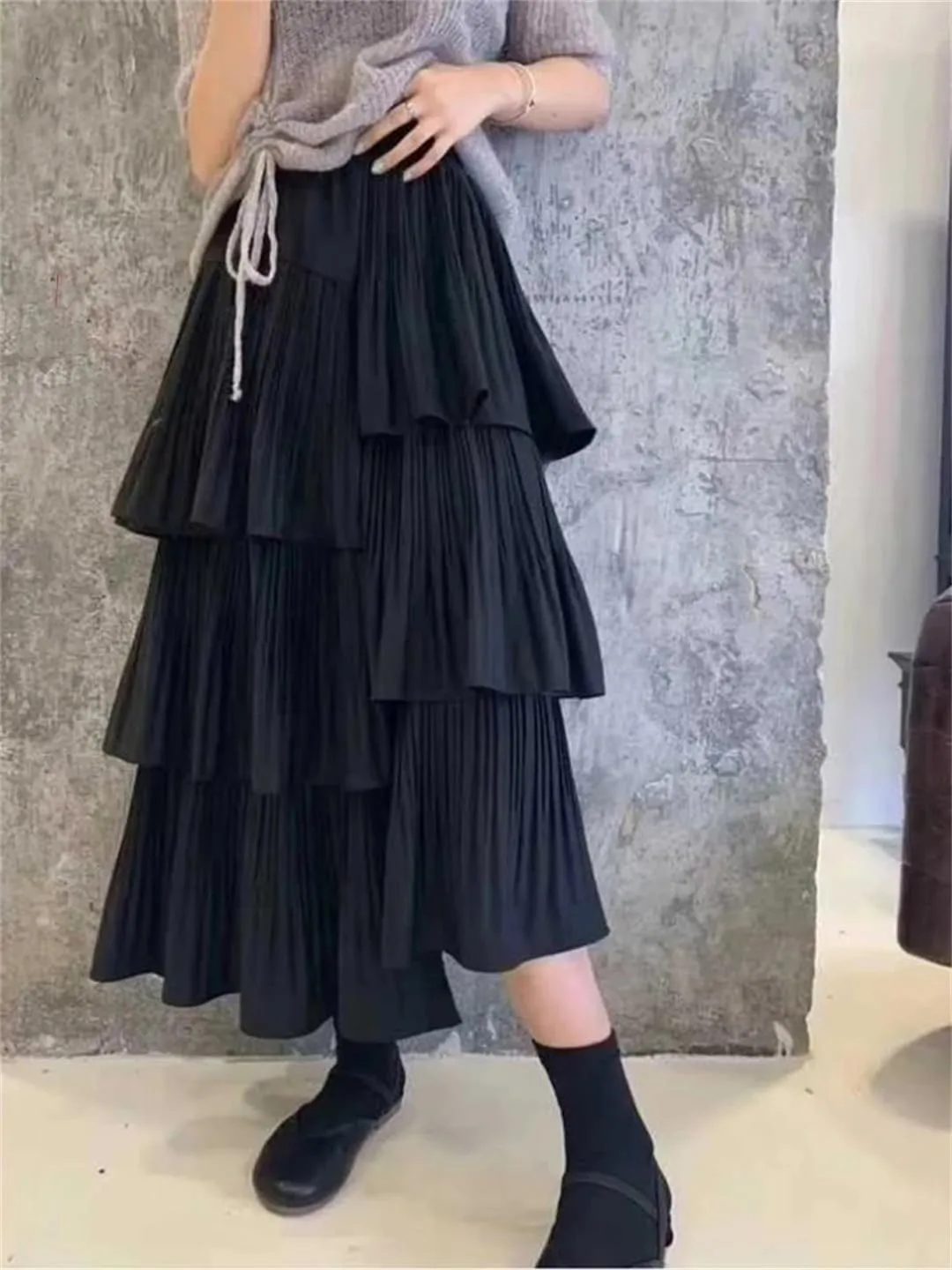 Women's Spring Long Asymmetric Pleated Cake Skirt Ruffle Irregular Midi Skirts