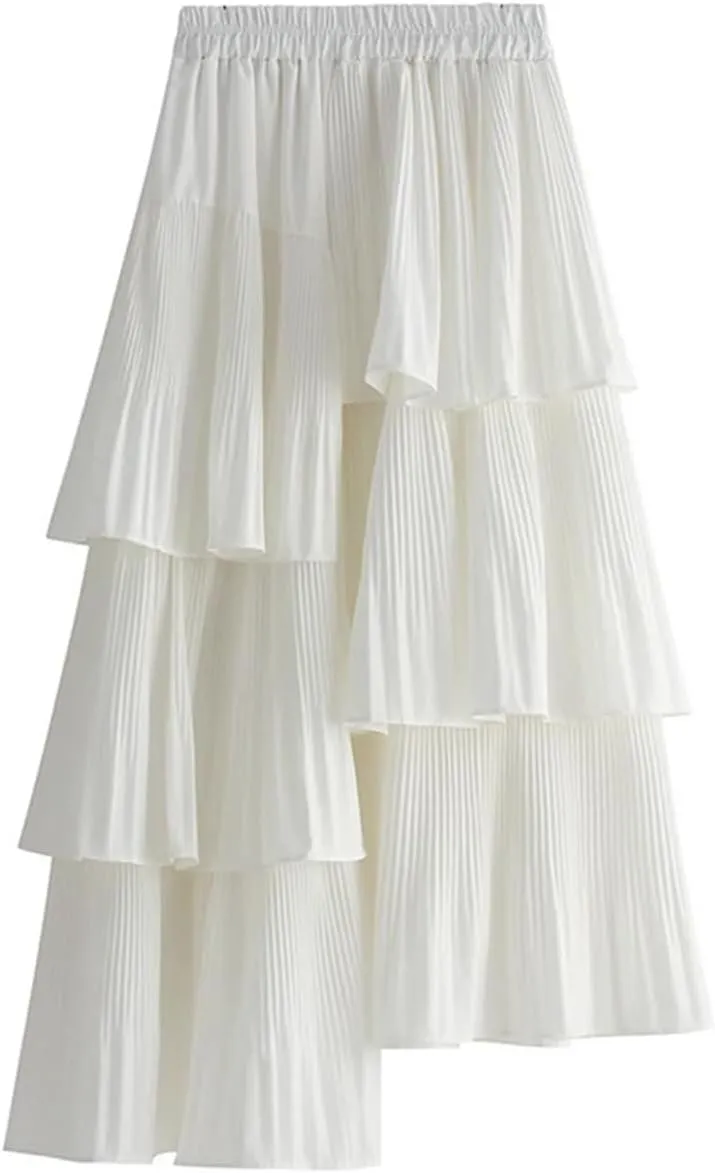 Women's Spring Long Asymmetric Pleated Cake Skirt Ruffle Irregular Midi Skirts