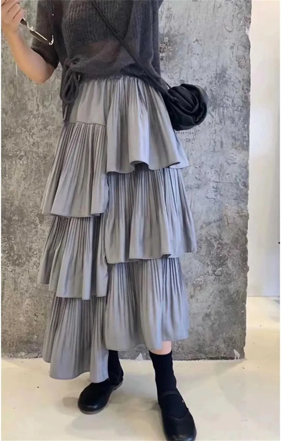 Women's Spring Long Asymmetric Pleated Cake Skirt Ruffle Irregular Midi Skirts
