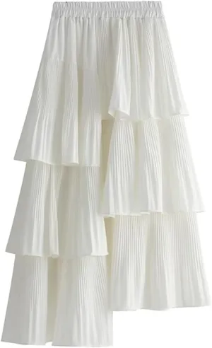 Women's Spring Long Asymmetric Pleated Cake Skirt Ruffle Irregular Midi Skirts