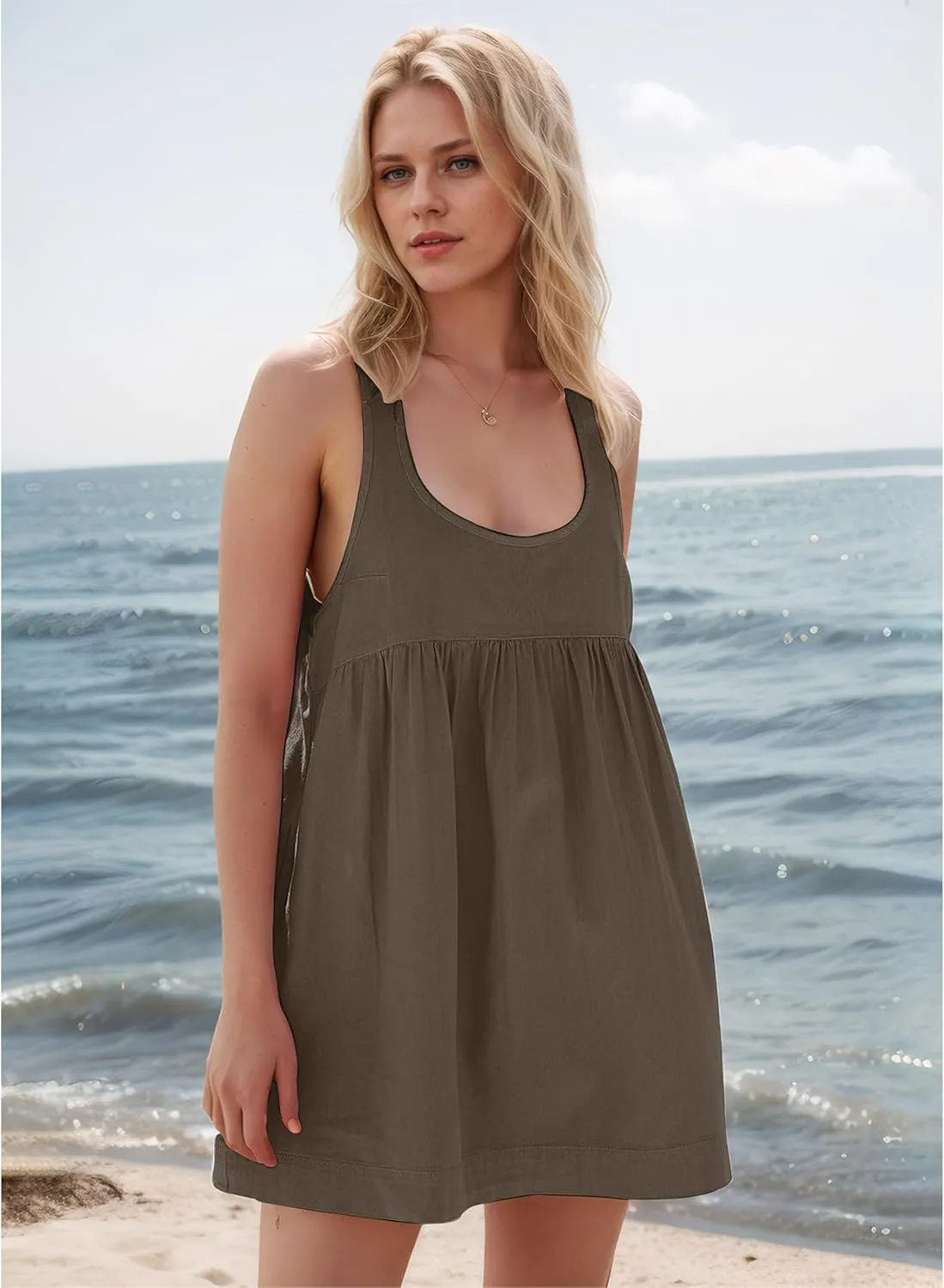 Women's Summer Babydoll Mini Dress Sleeveless Open Back Tank Scoop Neck Casual Dress with Pockets Flowy Sundress 2025