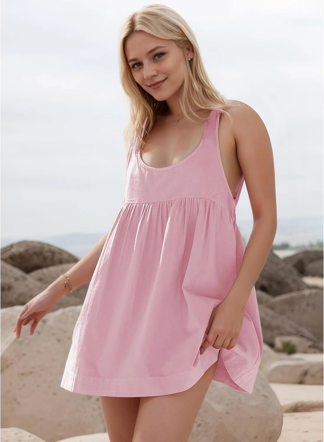Women's Summer Babydoll Mini Dress Sleeveless Open Back Tank Scoop Neck Casual Dress with Pockets Flowy Sundress 2025
