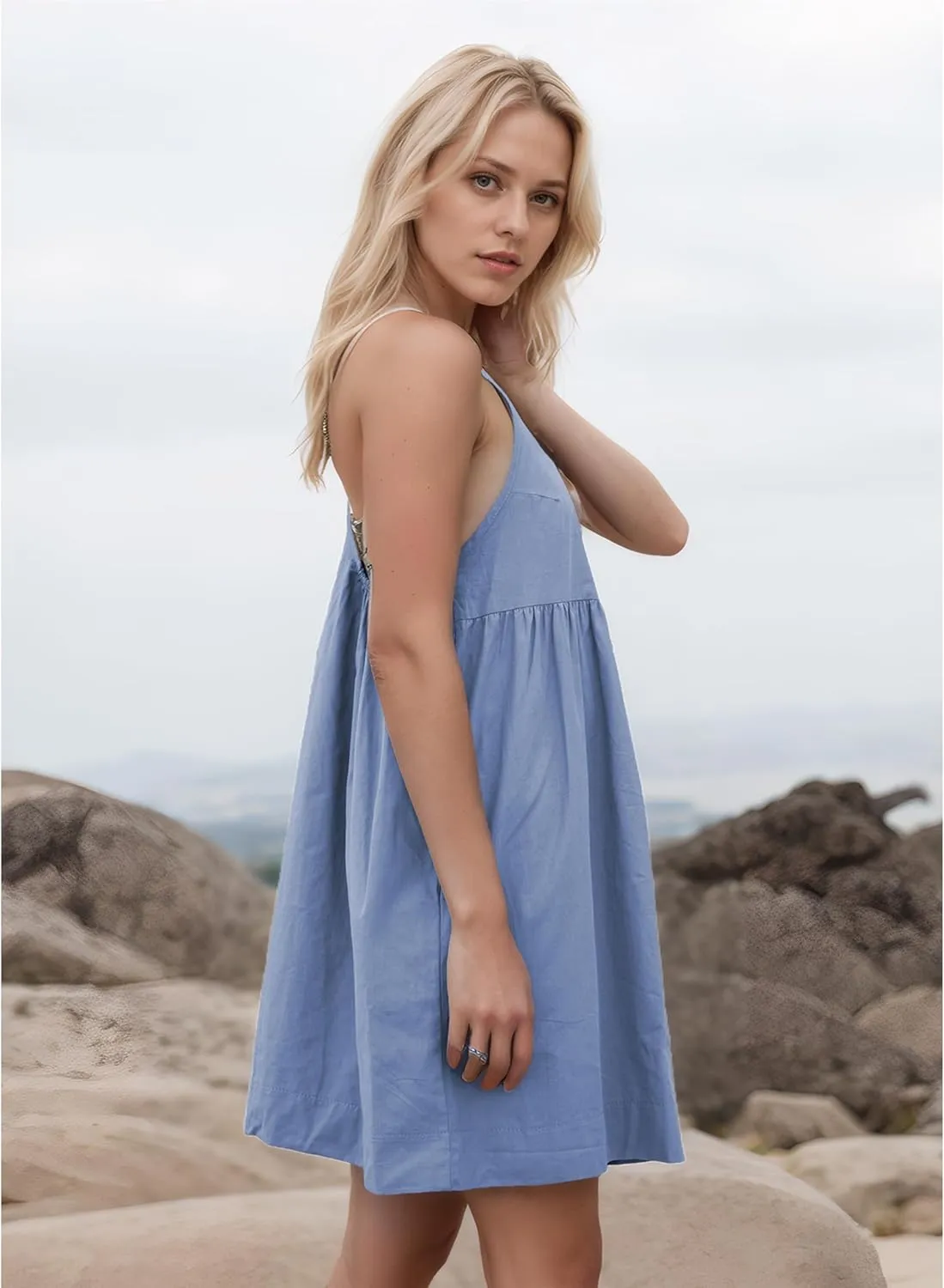Women's Summer Babydoll Mini Dress Sleeveless Open Back Tank Scoop Neck Casual Dress with Pockets Flowy Sundress 2025