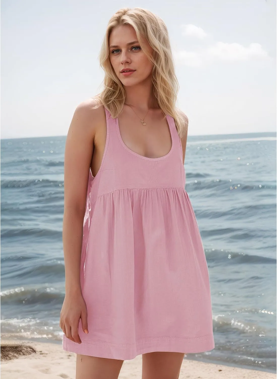 Women's Summer Babydoll Mini Dress Sleeveless Open Back Tank Scoop Neck Casual Dress with Pockets Flowy Sundress 2025