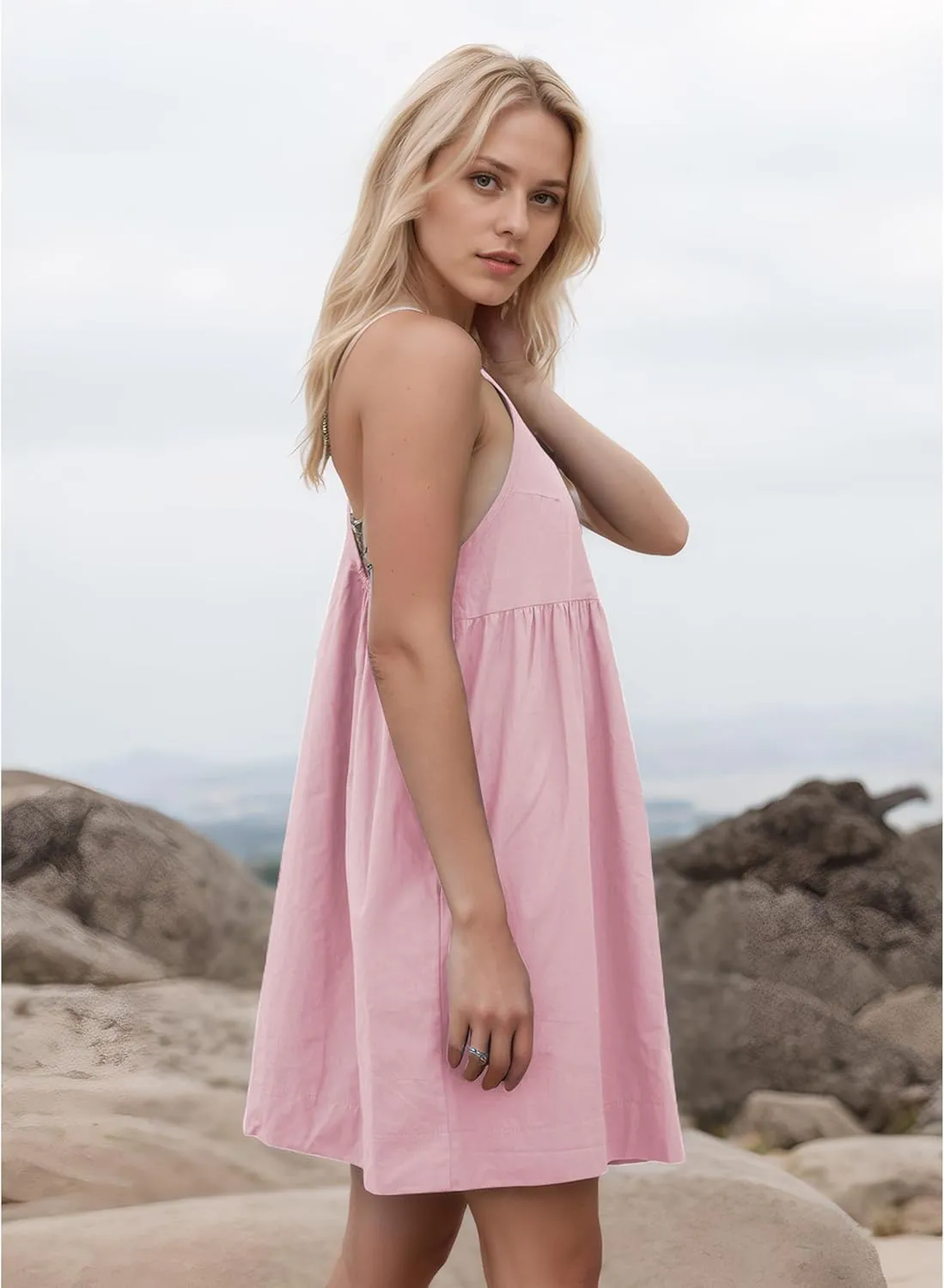 Women's Summer Babydoll Mini Dress Sleeveless Open Back Tank Scoop Neck Casual Dress with Pockets Flowy Sundress 2025