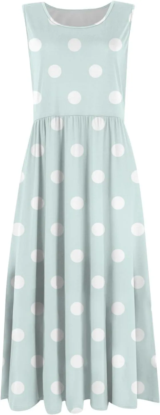 Womens Summer Dresses Casual A-Line Sundresses Floral Loose Sleeveless Mid Dress Flowy Tshirt Tank Dresses with Pockets