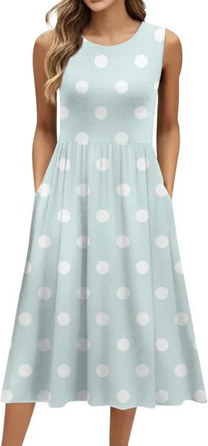 Womens Summer Dresses Casual A-Line Sundresses Floral Loose Sleeveless Mid Dress Flowy Tshirt Tank Dresses with Pockets