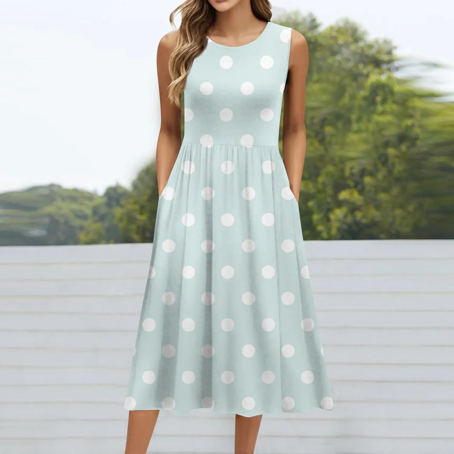 Womens Summer Dresses Casual A-Line Sundresses Floral Loose Sleeveless Mid Dress Flowy Tshirt Tank Dresses with Pockets