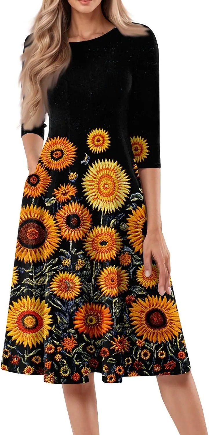 Womens Summer Dresses Summer Casual Beach Tshirt Dress Aline Flowy Midi Dresses Floral 3/4 Sleeve Dress with Pockets