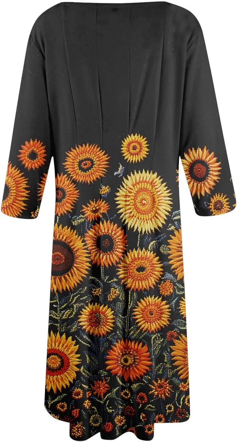 Womens Summer Dresses Summer Casual Beach Tshirt Dress Aline Flowy Midi Dresses Floral 3/4 Sleeve Dress with Pockets