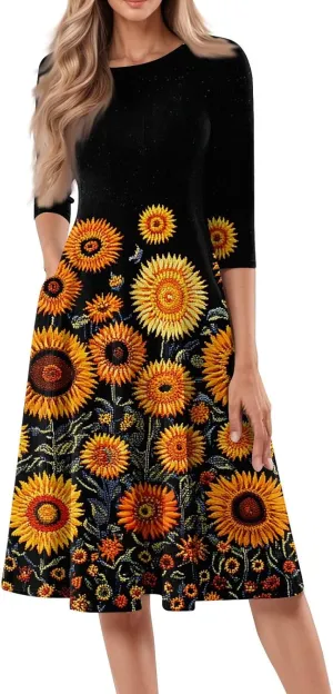 Womens Summer Dresses Summer Casual Beach Tshirt Dress Aline Flowy Midi Dresses Floral 3/4 Sleeve Dress with Pockets