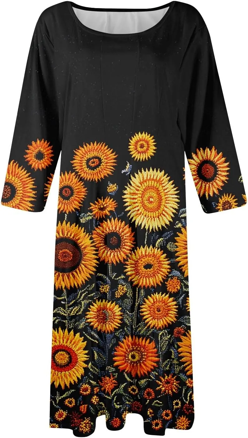 Womens Summer Dresses Summer Casual Beach Tshirt Dress Aline Flowy Midi Dresses Floral 3/4 Sleeve Dress with Pockets