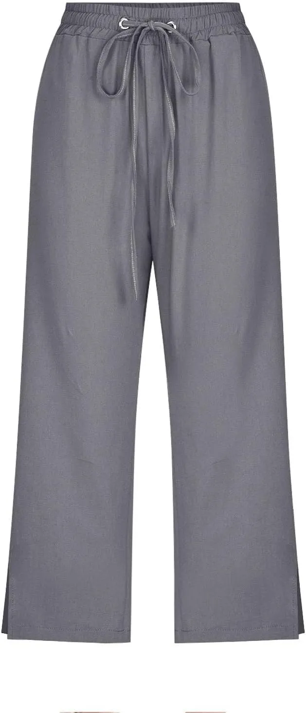 Womens Summer Mix Cotton Linen Palazzo Pants Beach Casual Pants Linen Trousers Beach Vacation