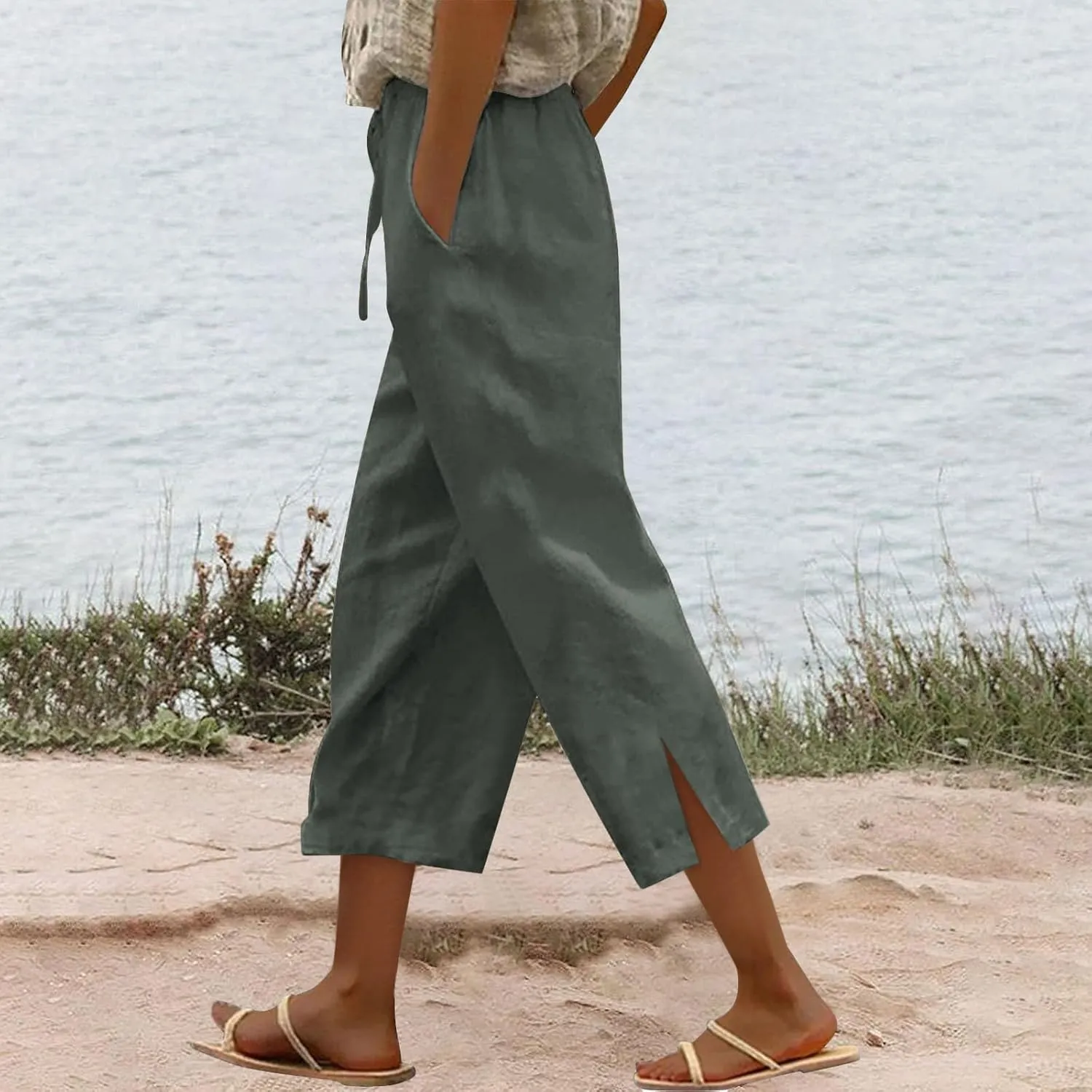 Womens Summer Mix Cotton Linen Palazzo Pants Beach Casual Pants Linen Trousers Beach Vacation