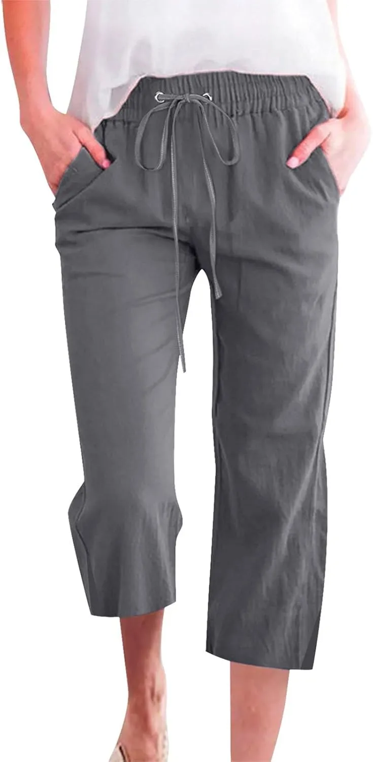 Womens Summer Mix Cotton Linen Palazzo Pants Beach Casual Pants Linen Trousers Beach Vacation