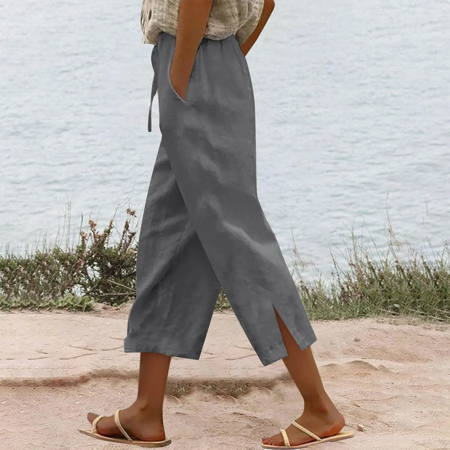 Womens Summer Mix Cotton Linen Palazzo Pants Beach Casual Pants Linen Trousers Beach Vacation