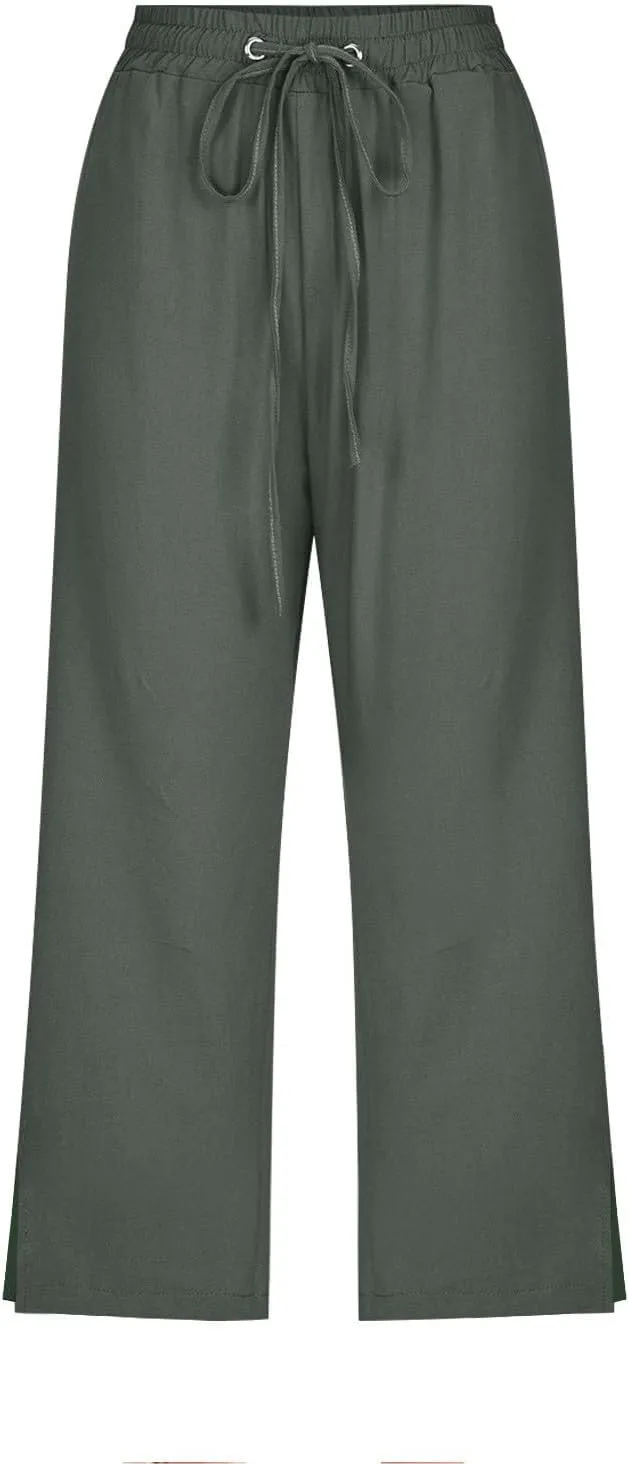 Womens Summer Mix Cotton Linen Palazzo Pants Beach Casual Pants Linen Trousers Beach Vacation
