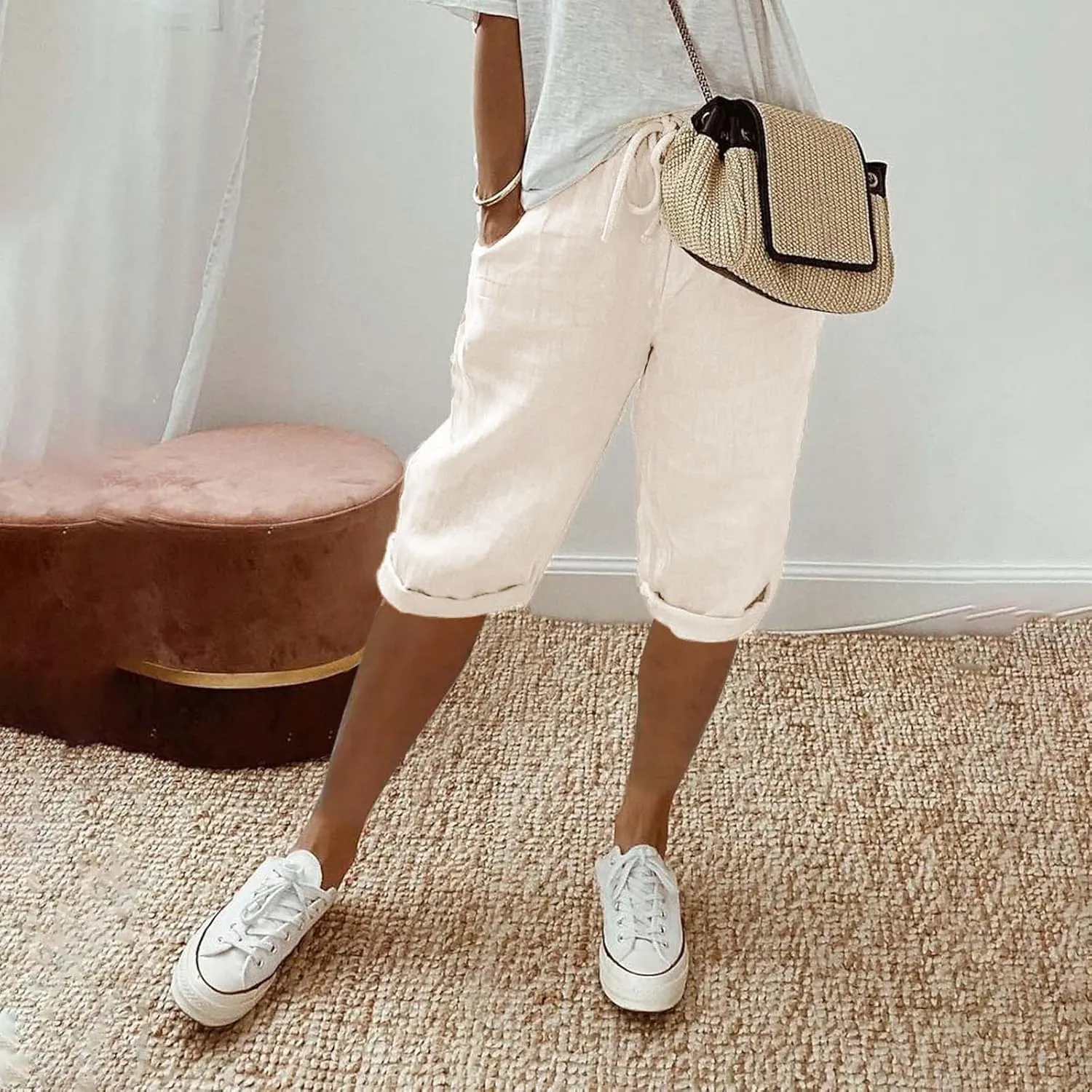Womens Summer Mix Cotton Linen Palazzo Pants Drawstring Casual Solid Color Shorts Casual Beach Long Pants
