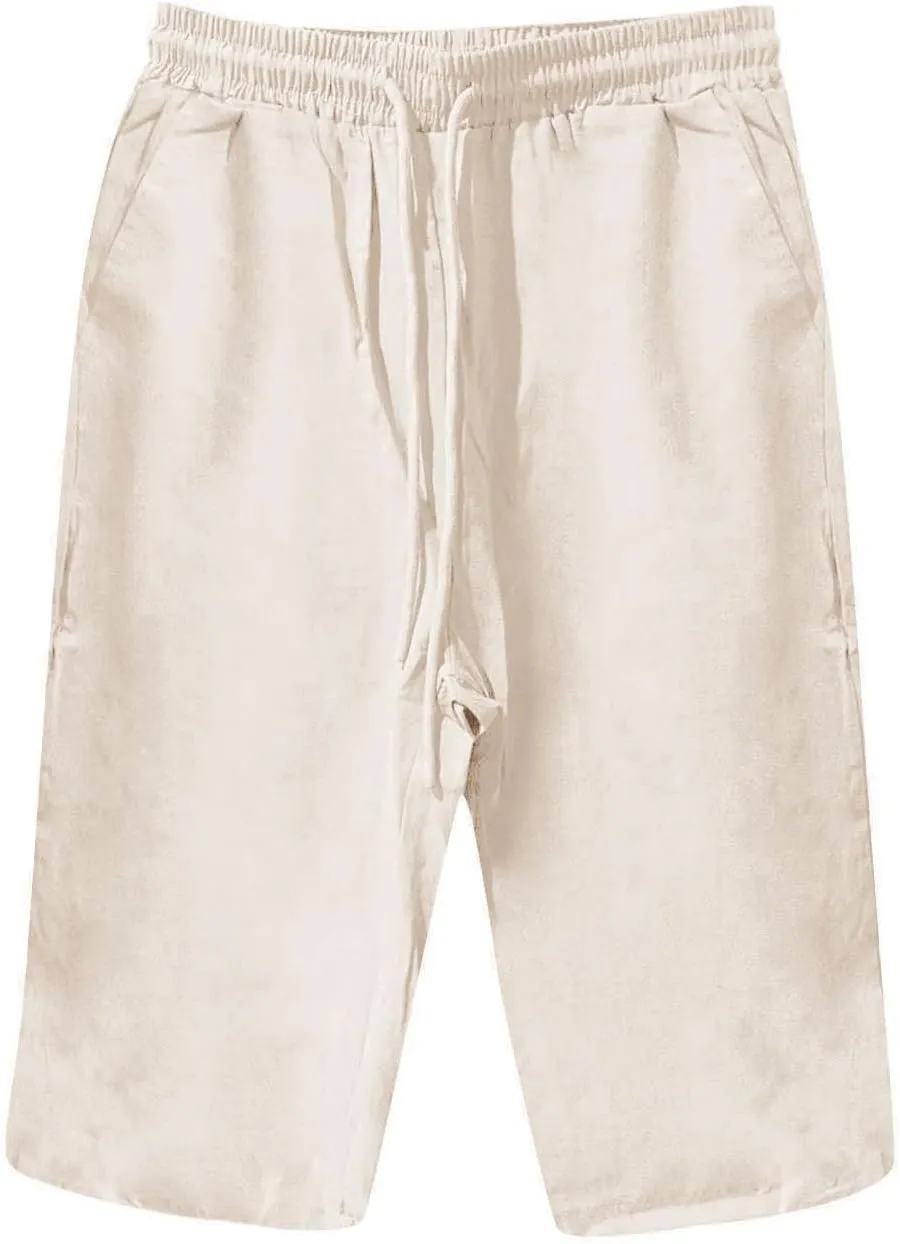 Womens Summer Mix Cotton Linen Palazzo Pants Drawstring Casual Solid Color Shorts Casual Beach Long Pants