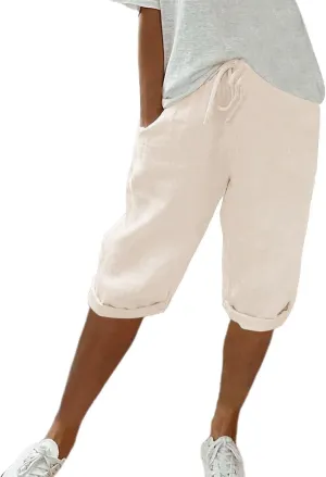 Womens Summer Mix Cotton Linen Palazzo Pants Drawstring Casual Solid Color Shorts Casual Beach Long Pants