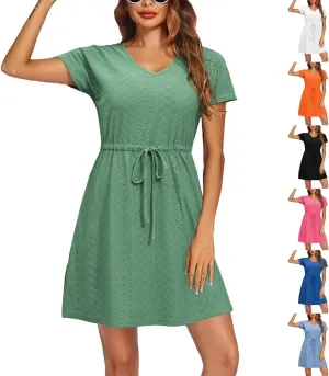 Women's Swimsuit Cover Ups V-Neck Drawstring Eyelet Dress Flowy Casual Summer Short Sleeve Beach Vacation Dress 2025