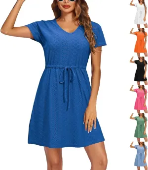Women's Swimsuit Cover Ups V-Neck Drawstring Eyelet Dress Flowy Casual Summer Short Sleeve Beach Vacation Dress 2025