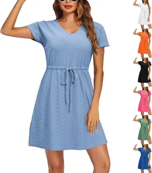 Women's Swimsuit Cover Ups V-Neck Drawstring Eyelet Dress Flowy Casual Summer Short Sleeve Beach Vacation Dress 2025