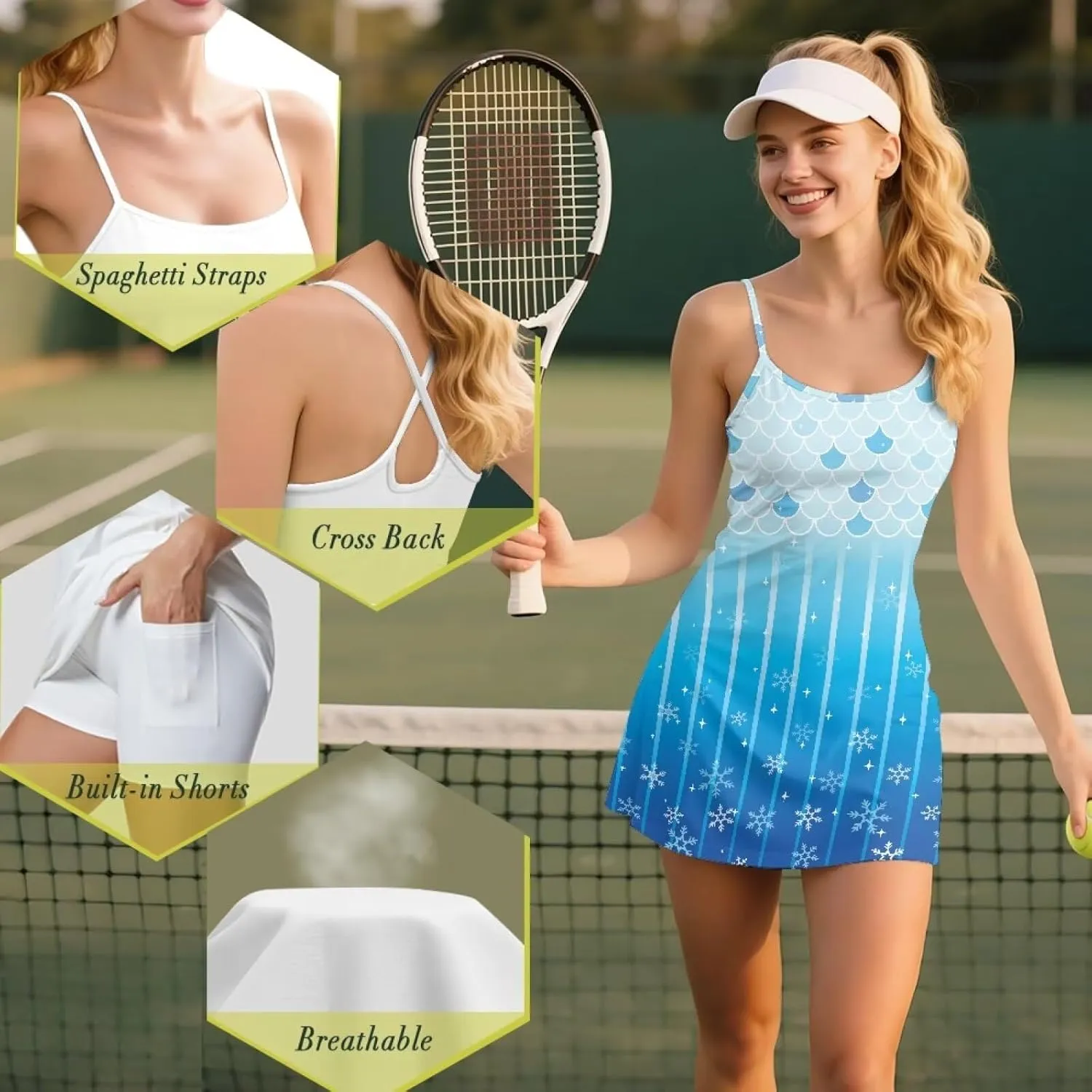 Womens Tennis Dress Built in Shorts & Spaghetti Straps Exercise Workout Dress with Pockets Golf Athletic Dresses